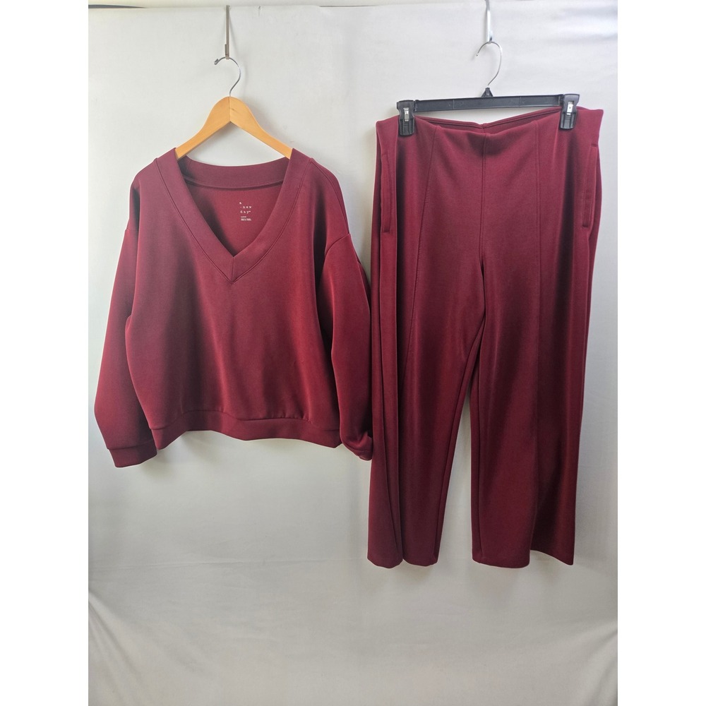 A New Day 2 Piece Lounge Set Womens Burgundy V-Neck Casual Cottaecore Everyday